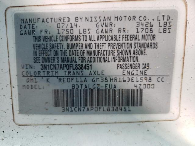 3N1CN7AP0FL838451 - 2015 NISSAN VERSA S WHITE photo 13