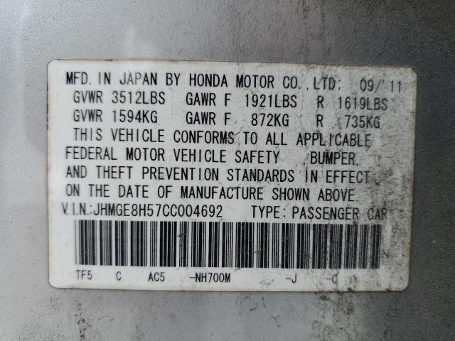 JHMGE8H57CC004692 - 2012 HONDA FIT SPORT SILVER photo 13