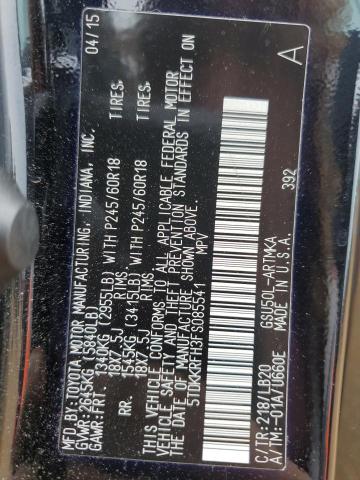 5TDKKRFH3FS085541 - 2015 TOYOTA HIGHLANDER XLE 黑色 照片 13