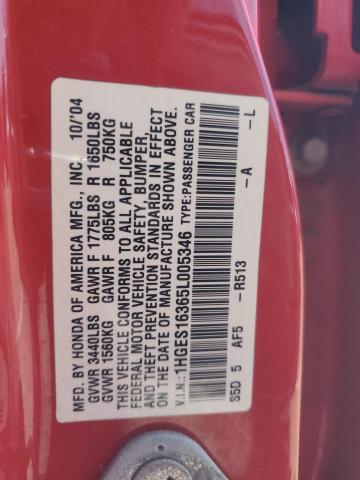 1HGES16365L005346 - 2005 HONDA CIVIC DX VP Qırmızı foto 12