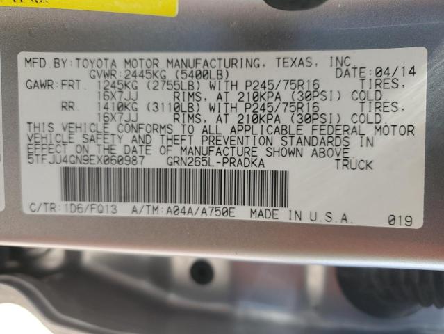 5TFJU4GN9EX060987 - 2014 TOYOTA TACOMA DOUBLE CAB PRERUNNER SILVER photo 12