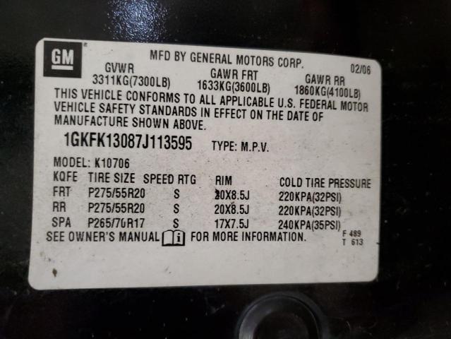 1GKFK13087J113595 - 2007 GMC YUKON BLACK photo 13