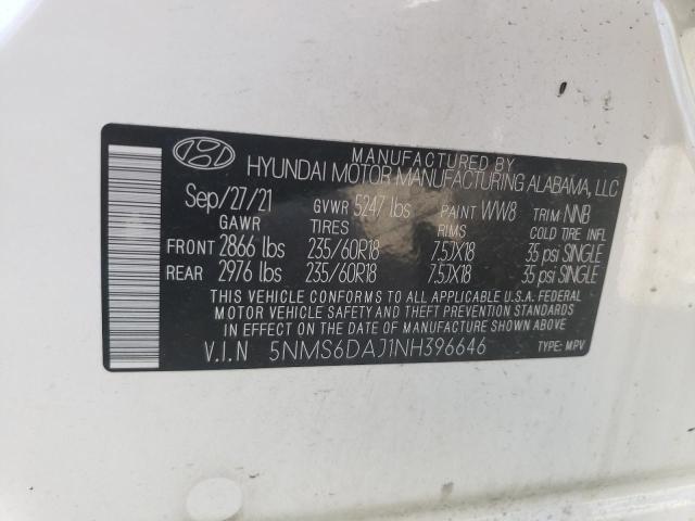 5NMS6DAJ1NH396646 - 2022 HYUNDAI SANTA FE SEL WHITE photo 12