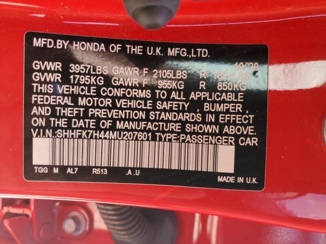 SHHFK7H44MU207601 - 2021 HONDA CIVIC SPORT RED photo 12