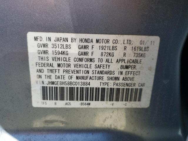 JHMGE8H58BC013884 - 2011 HONDA FIT SPORT BLUE photo 12