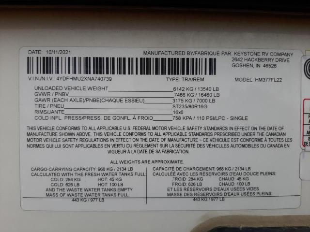 4YDFHMU2XNA740739 - 2022 KEYSTONE TRAILER WHITE photo 10