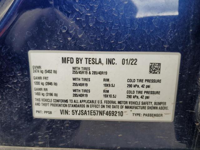 5YJSA1E57NF469210 - 2022 TESLA MODEL S ლურჯი ფოტო 12