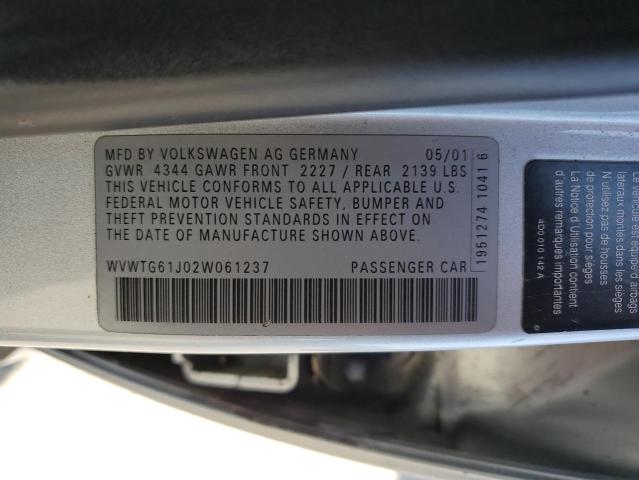 WVWTG61J02W061237 - 2002 VOLKSWAGEN JETTA GLX SILVER photo 12