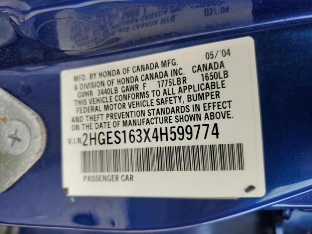 2HGES163X4H599774 - 2004 HONDA CIVIC DX VP BLUE photo 12