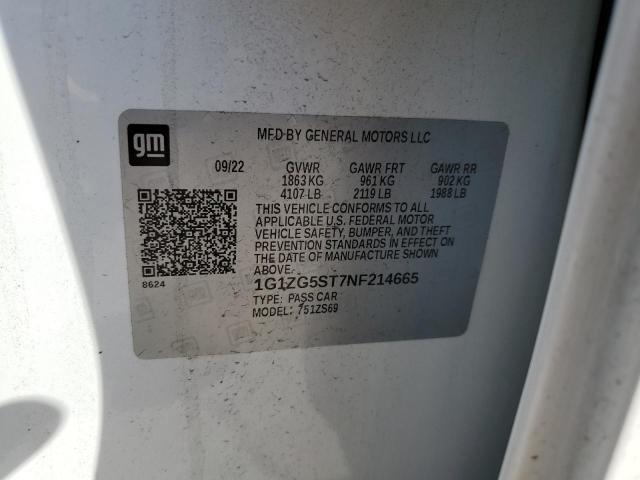 1G1ZG5ST7NF214665 - 2022 CHEVROLET MALIBU RS WHITE photo 12