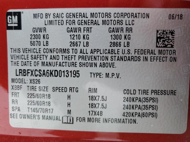 LRBFXCSA6KD013195 - 2019 BUICK ENVISION ESSENCE Բորդո լուսանկար 12