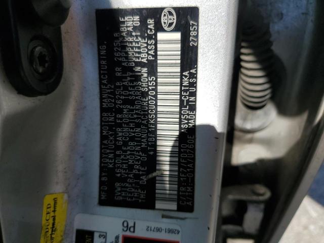 4T1BF1FK5CU070155 - 2012 TOYOTA CAMRY BASE SILVER photo 12