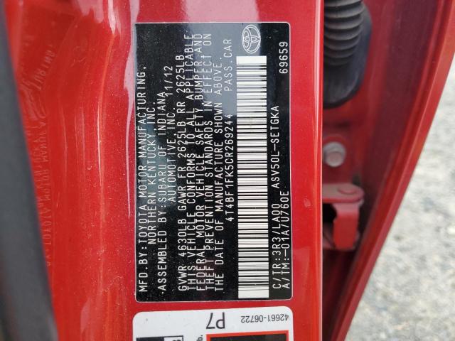 4T4BF1FK5CR269244 - 2012 TOYOTA CAMRY BASE RED photo 12