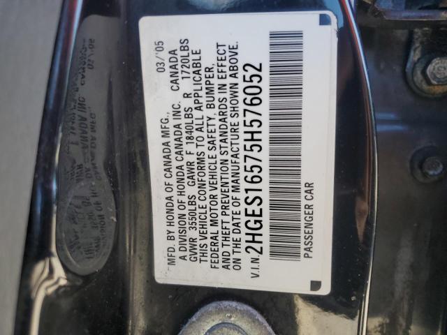 2HGES16575H576052 - 2005 HONDA CIVIC LX BLACK photo 12