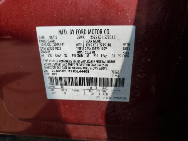 2LMPJ8LR1JBL44408 - 2018 LINCOLN MKX RESERVE Բորդո լուսանկար 12