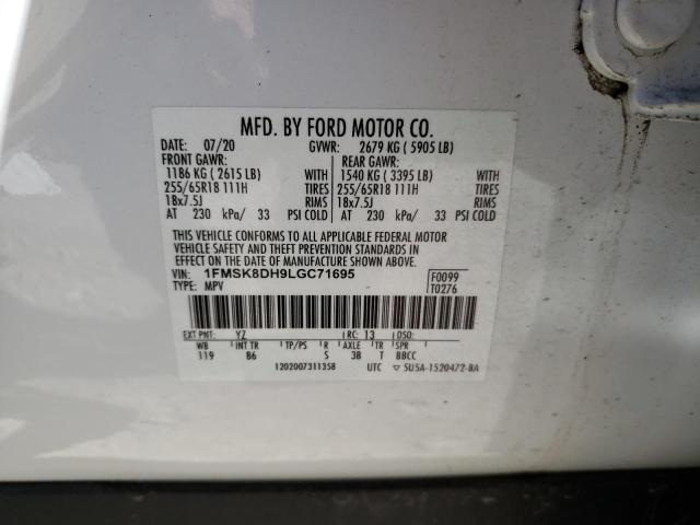 1FMSK8DH9LGC71695 - 2020 FORD EXPLORER XLT WHITE photo 13