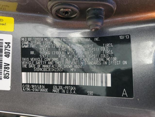 5TDYK3DC3ES422657 - 2014 TOYOTA SIENNA XLE GRAY photo 13