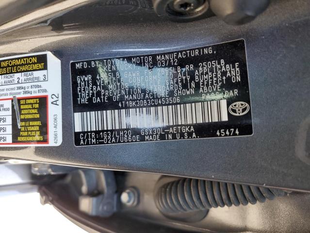 4T1BK3DB3CU453506 - 2012 TOYOTA AVALON BASE 灰色 照片 12