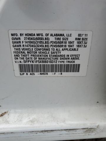 5FPYK1F5XBB010312 - 2011 HONDA RIDGELINE RTL WHITE photo 13