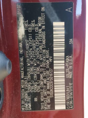 5TDZK22C97S016127 - 2007 TOYOTA SIENNA XLE RED photo 13