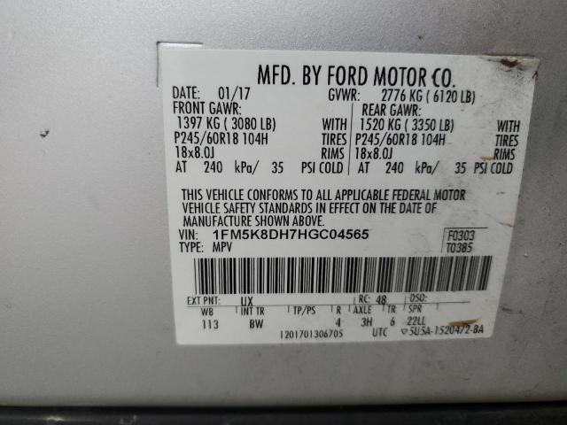 1FM5K8DH7HGC04565 - 2017 FORD EXPLORER XLT SILVER photo 13