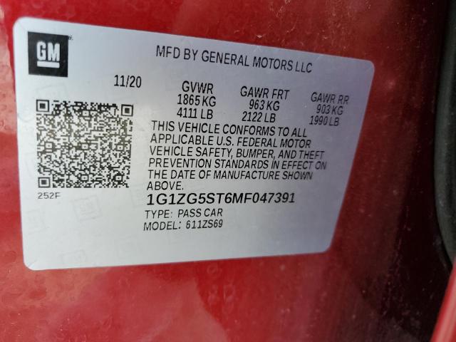 1G1ZG5ST6MF047391 - 2021 CHEVROLET MALIBU RS RED photo 12