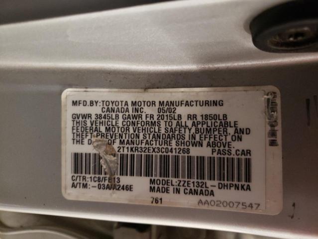 2T1KR32EX3C041268 - 2003 TOYOTA COROLLA MA XR SILVER photo 12