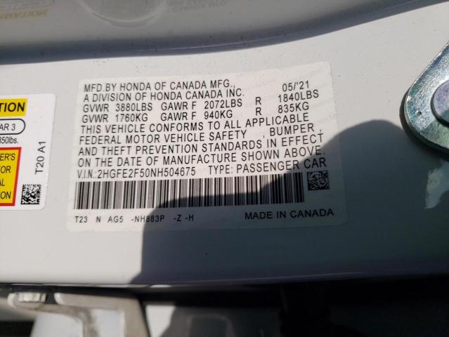 2HGFE2F50NH504675 - 2022 HONDA CIVIC SPORT 白色 照片 12