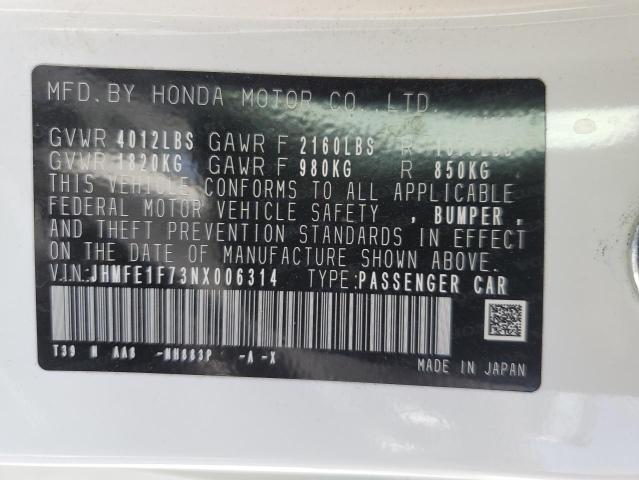 JHMFE1F73NX006314 - 2022 HONDA CIVIC EX WHITE photo 12