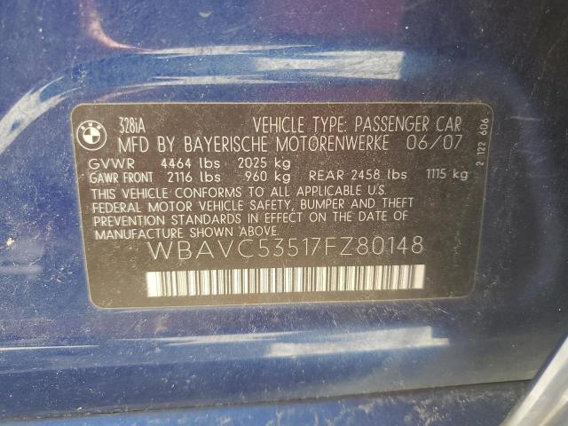 WBAVC53517FZ80148 - 2007 BMW 328 I SULEV BLUE photo 12