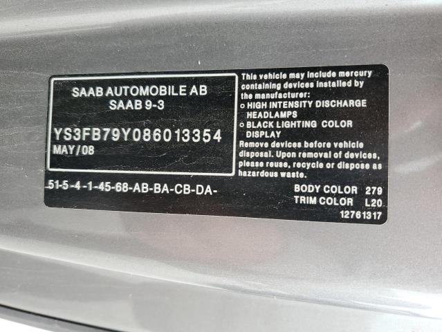 YS3FB79Y086013354 - 2008 SAAB 9-3 2.0T GRAY photo 12