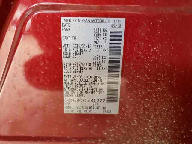 5N1DR2MN0KC581277 - 2019 NISSAN PATHFINDER S RED photo 13