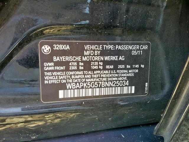 WBAPK5G57BNN25034 - 2011 BMW 328 XI SULEV BLACK photo 10