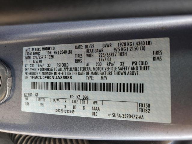 1FMCU0F60NUA36988 - 2022 FORD ESCAPE S GRAY photo 12