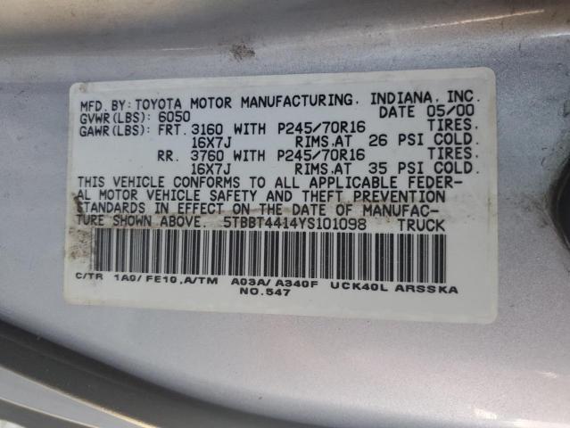 5TBBT4414YS101098 - 2000 TOYOTA TUNDRA ACCESS CAB SILVER photo 12