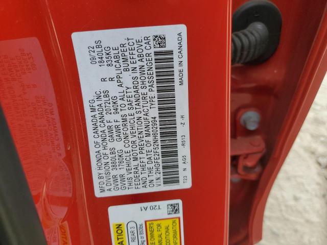 2HGFE2F52NH602994 - 2022 HONDA CIVIC SPORT 红色 照片 12