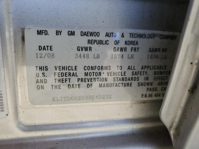 KL1TD66E89B640232 - 2009 CHEVROLET AVEO LS 银色 照片 12