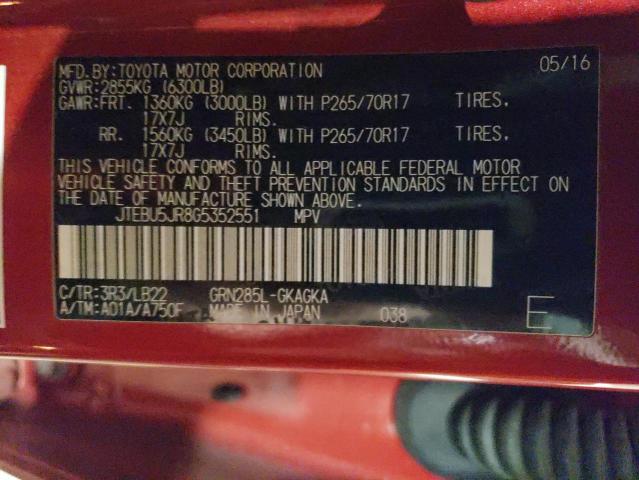 JTEBU5JR8G5352551 - 2016 TOYOTA 4RUNNER SR5/SR5 PREMIUM 红色 照片 12