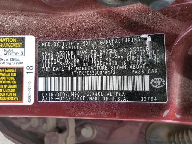 4T1BK1EB2DU018173 - 2013 TOYOTA AVALON BASE Bordo foto 12
