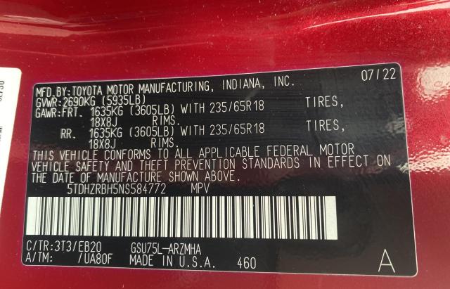 5TDHZRBH5NS584772 - 2022 TOYOTA HIGHLANDER XLE 红色 照片 10