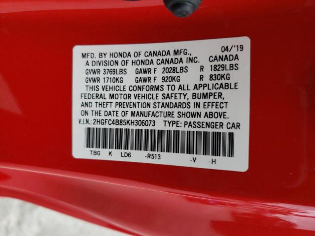 2HGFC4B85KH306073 - 2019 HONDA CIVIC SPORT 红色 照片 12