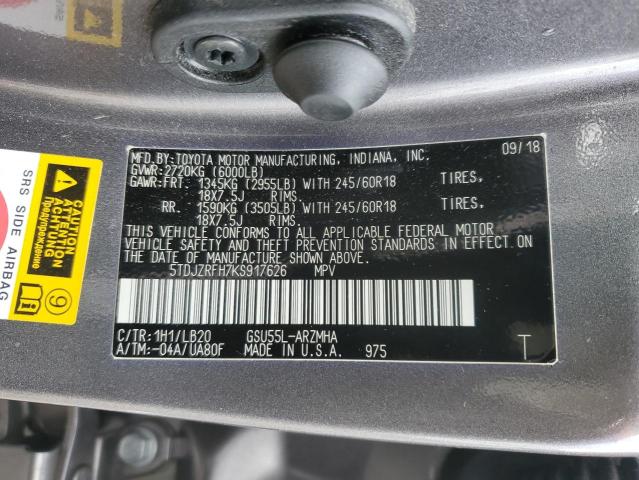 5TDJZRFH7KS917626 - 2019 TOYOTA HIGHLANDER SE GRAY photo 13