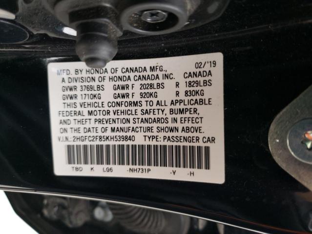 2HGFC2F85KH539840 - 2019 HONDA CIVIC SPORT 黑色 照片 12