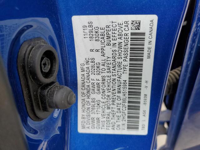 2HGFC2F86LH515984 - 2020 HONDA CIVIC SPORT 蓝色 照片 12