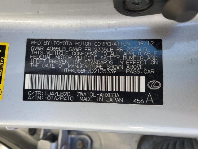 JTHKD5BH7D2125339 - 2013 LEXUS CT 200 SILVER photo 12