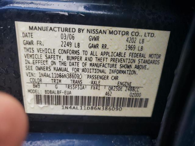 1N4AL11D86N386090 - 2006 NISSAN ALTIMA S BLUE photo 12