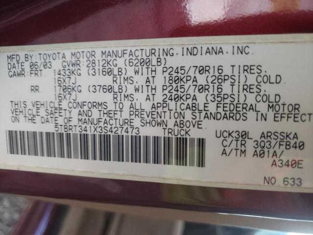 5TBRT341X3S427473 - 2003 TOYOTA TUNDRA ACCESS CAB SR5 RED photo 12