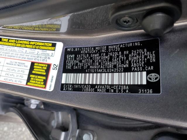 4T1G11AK3LU342522 - 2020 TOYOTA CAMRY SE GRAY photo 12