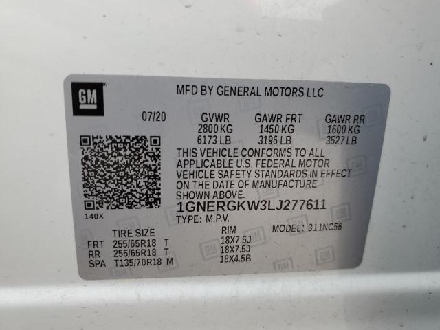 1GNERGKW3LJ277611 - 2020 CHEVROLET TRAVERSE LT WHITE photo 14