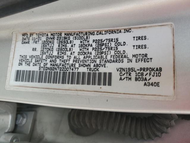 5TEGN92N72Z007477 - 2002 TOYOTA TACOMA DOUBLE CAB PRERUNNER SILVER photo 12